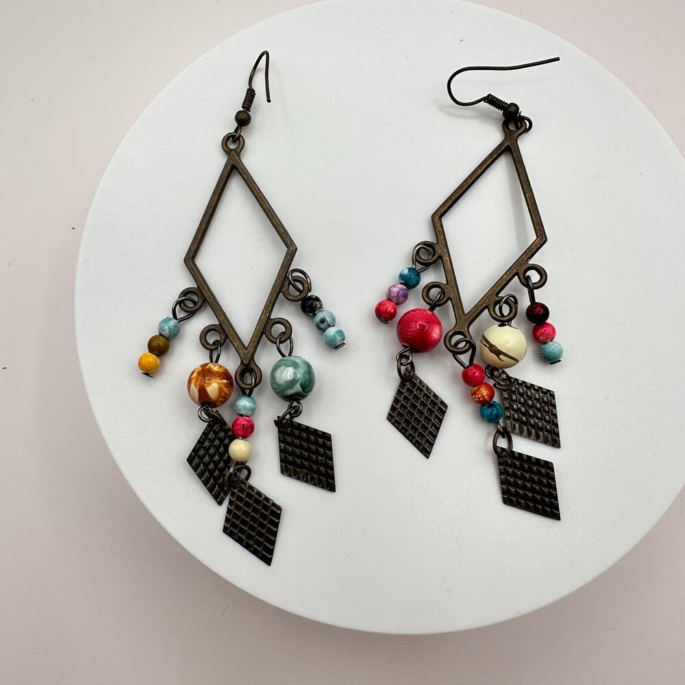 Vintage 80s Bohemian Dangle Earrings Beaded Drop Geometric Brown Metal Jewelry